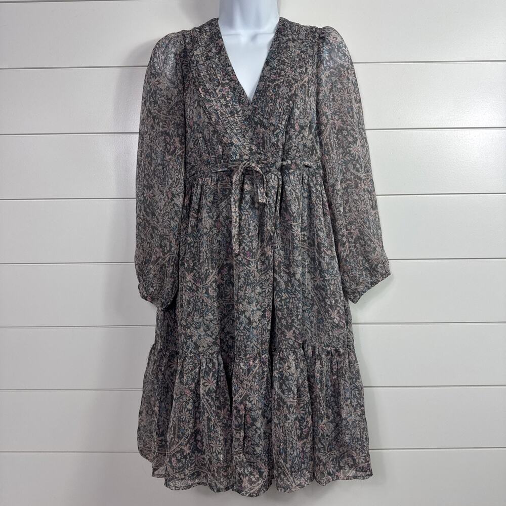 Lucky Brand Boho Floral V-Neck Dress Knee Length Gray Print sz S